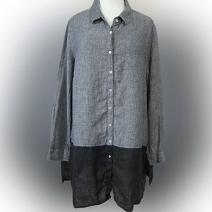 Tahari Linen Button Up‎ Shirt Tunic Gray Black Colorblock 1X Roll Tab Sleeves